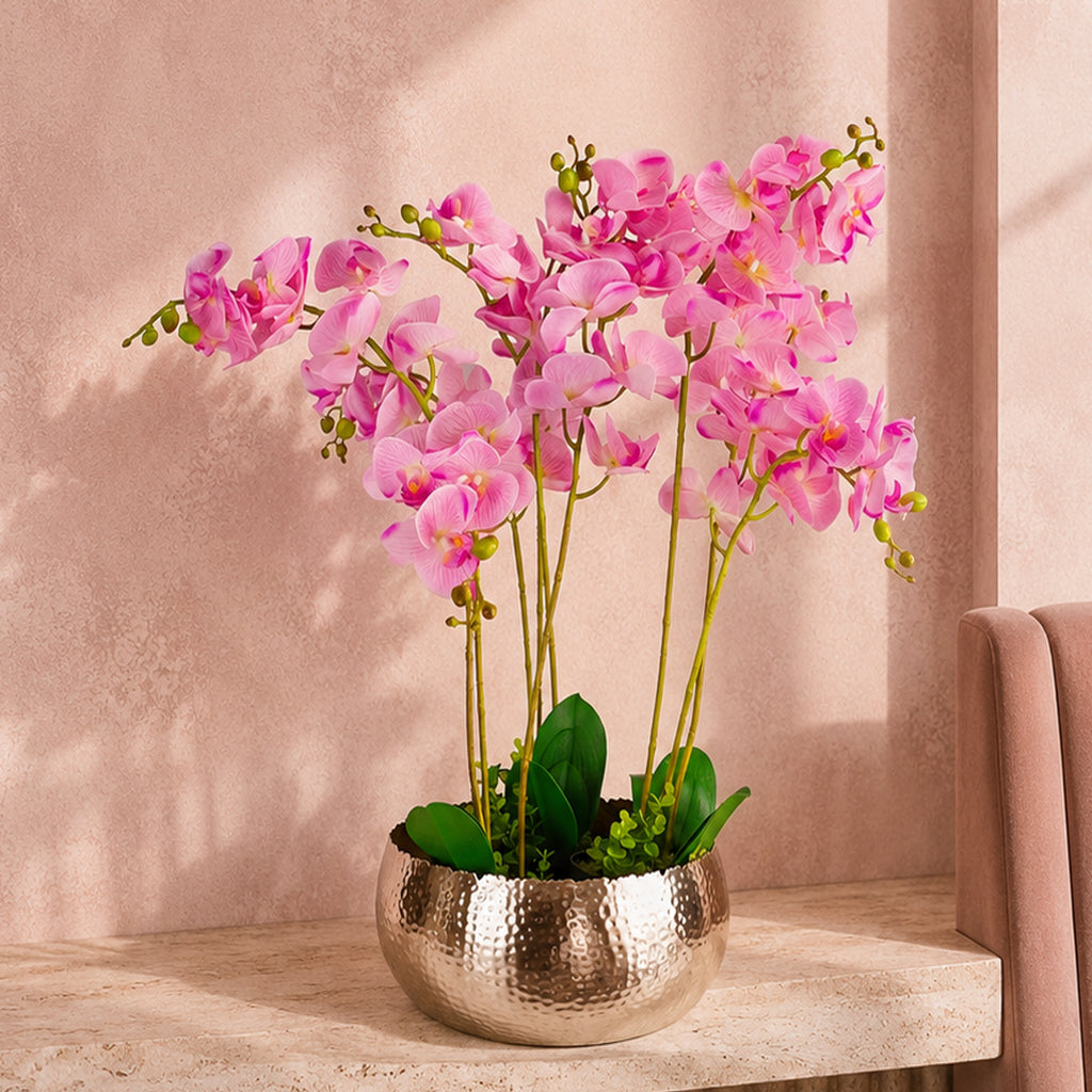 Large Artificial Orchids Display with XL Metal Bowl Planter 70x70cm - Premium Quality
