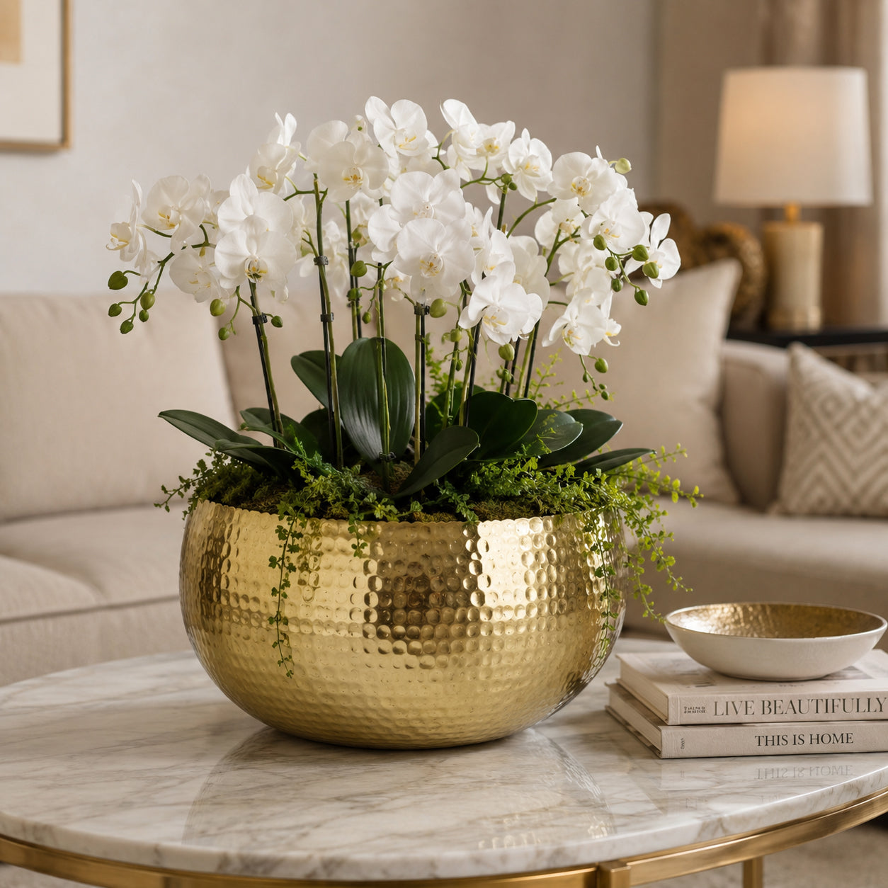 XL Metal Bowl Planter 32 x 20cm Hammered Gold Colour Curvy Edge
