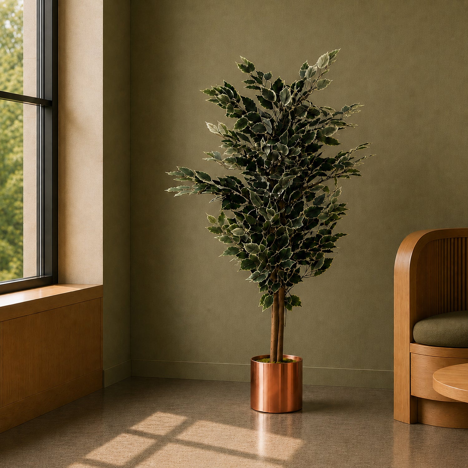 130cm Artificial Tall Variegated White and Green Bushy Ficus Tree