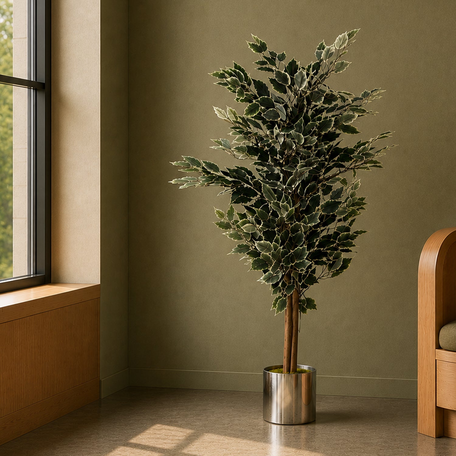 130cm Artificial Tall Variegated White and Green Bushy Ficus Tree