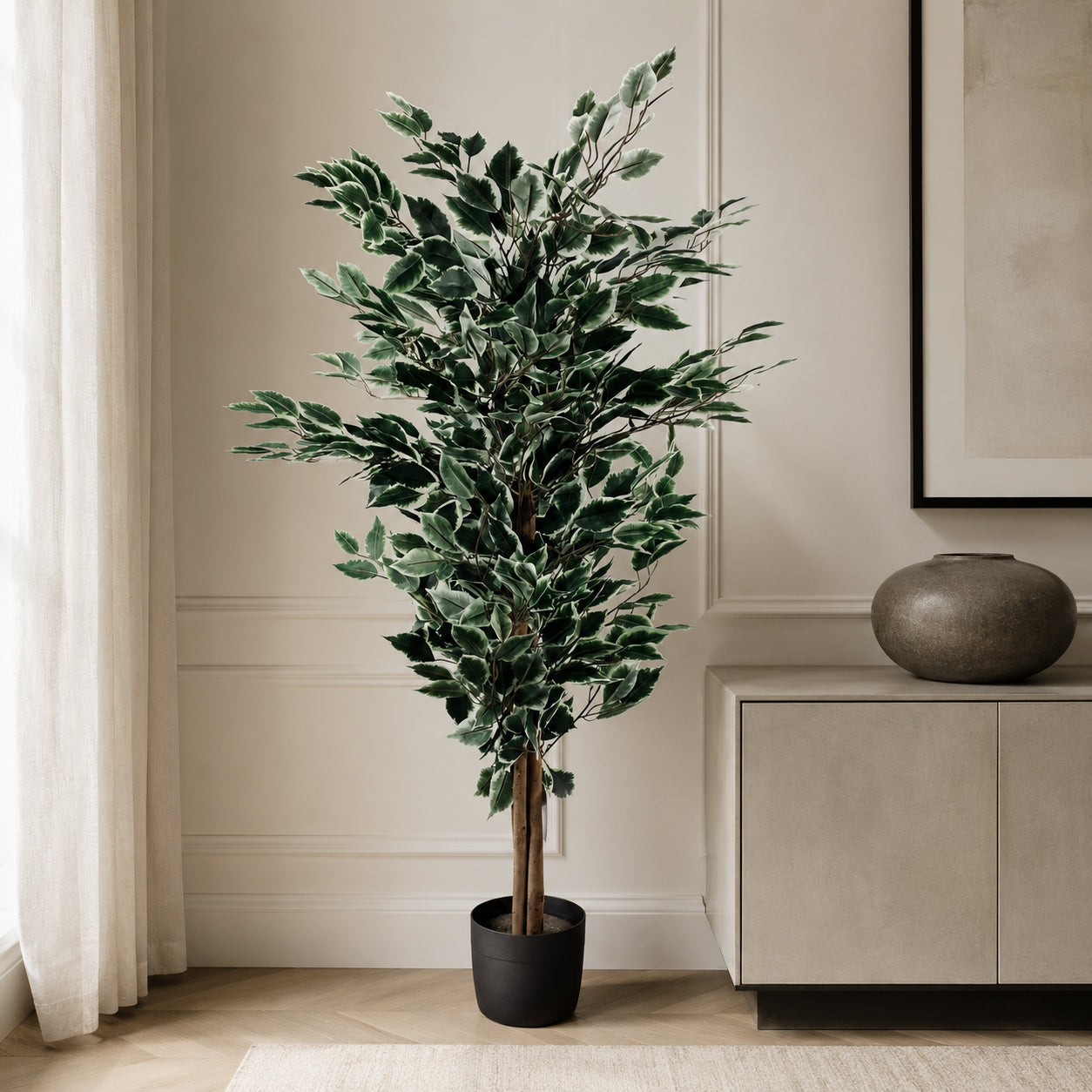130cm Artificial Tall Variegated WhiteandGreen Bushy Ficus Tree