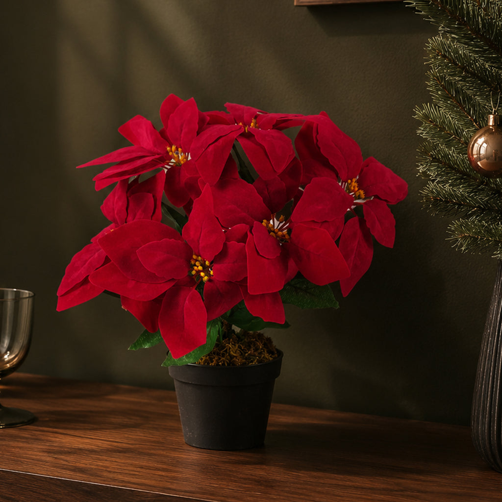 Artificial Christmas Xmas Red Poinsettia 40cm Potted Houseplant - Premium Quality