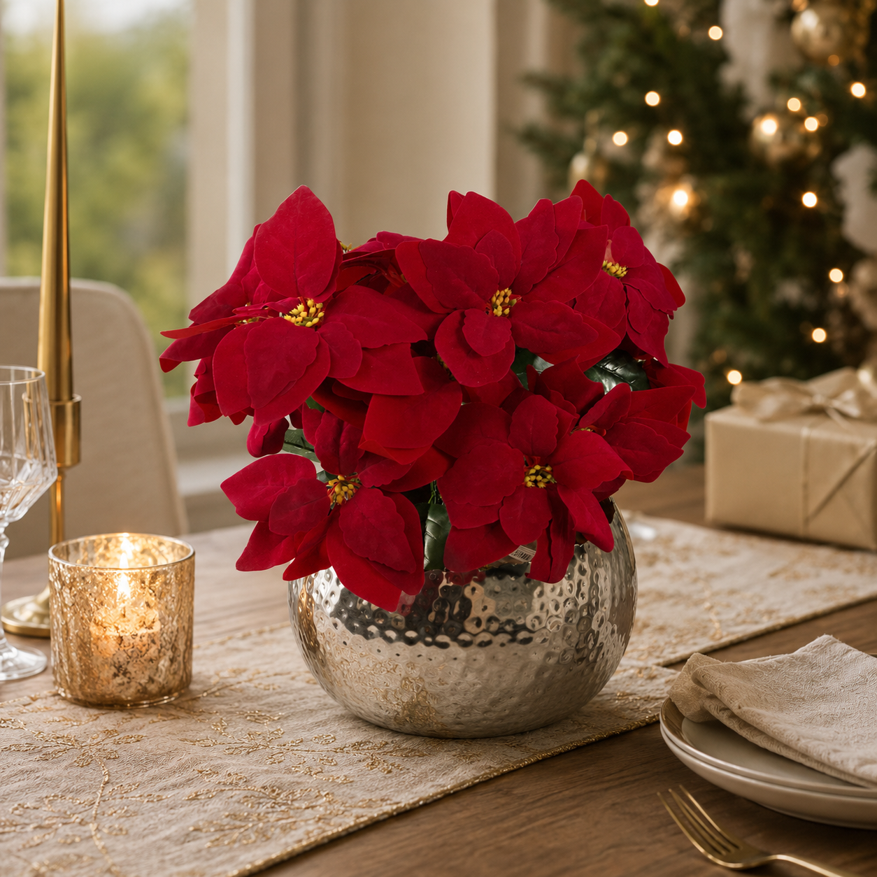 Pack of Artificial Christmas Xmas Poinsettias in a Large Metal Planter