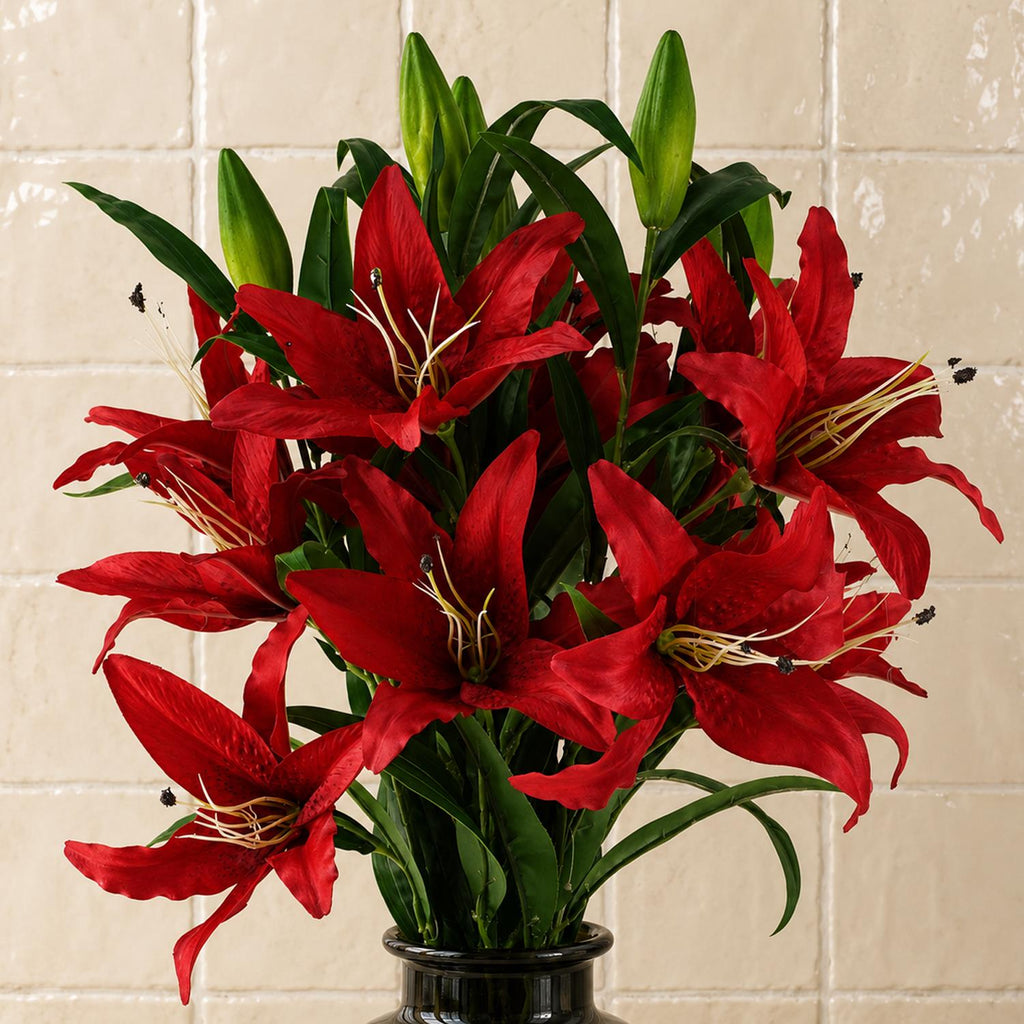 Pack of 6 x 100cm Large Red Lily Stem - 18 Flowers - Premium Quality