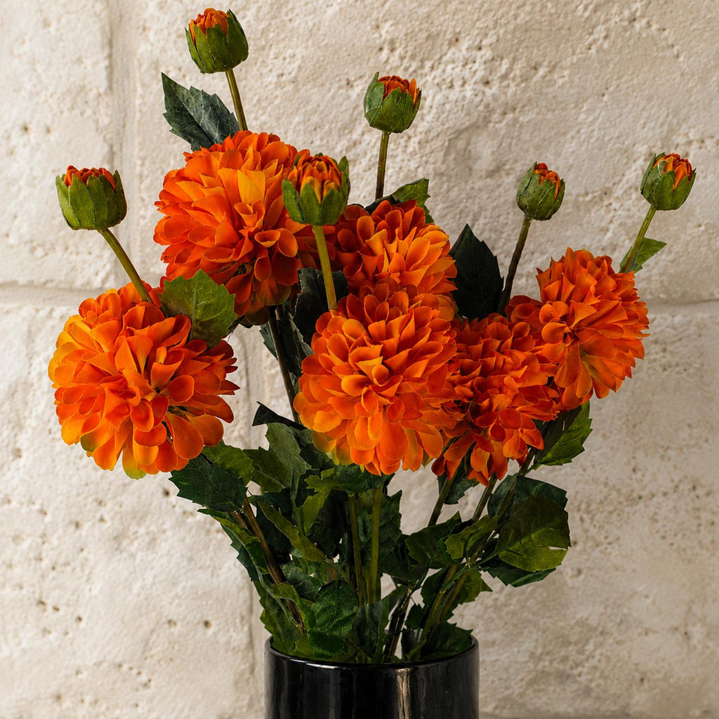Pack of 6 x 75cm Artificial Dahlia PomPom Flower Stem Orange - Premium Quality