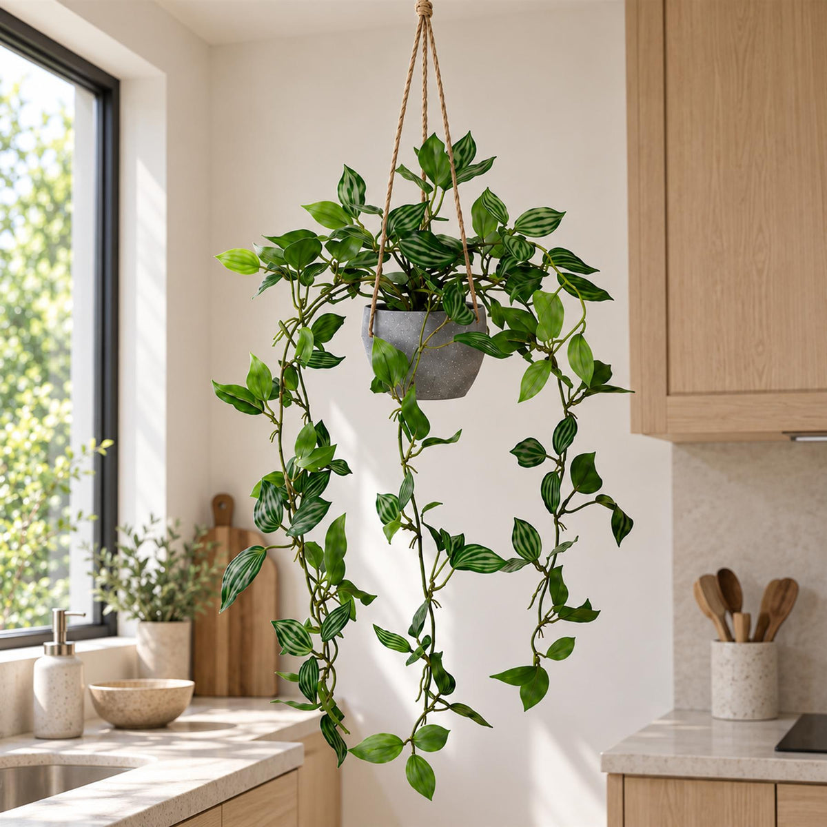 Faux Tradescantia Hanging Plant, 70cm Trailing in Grey Pot with Hanger