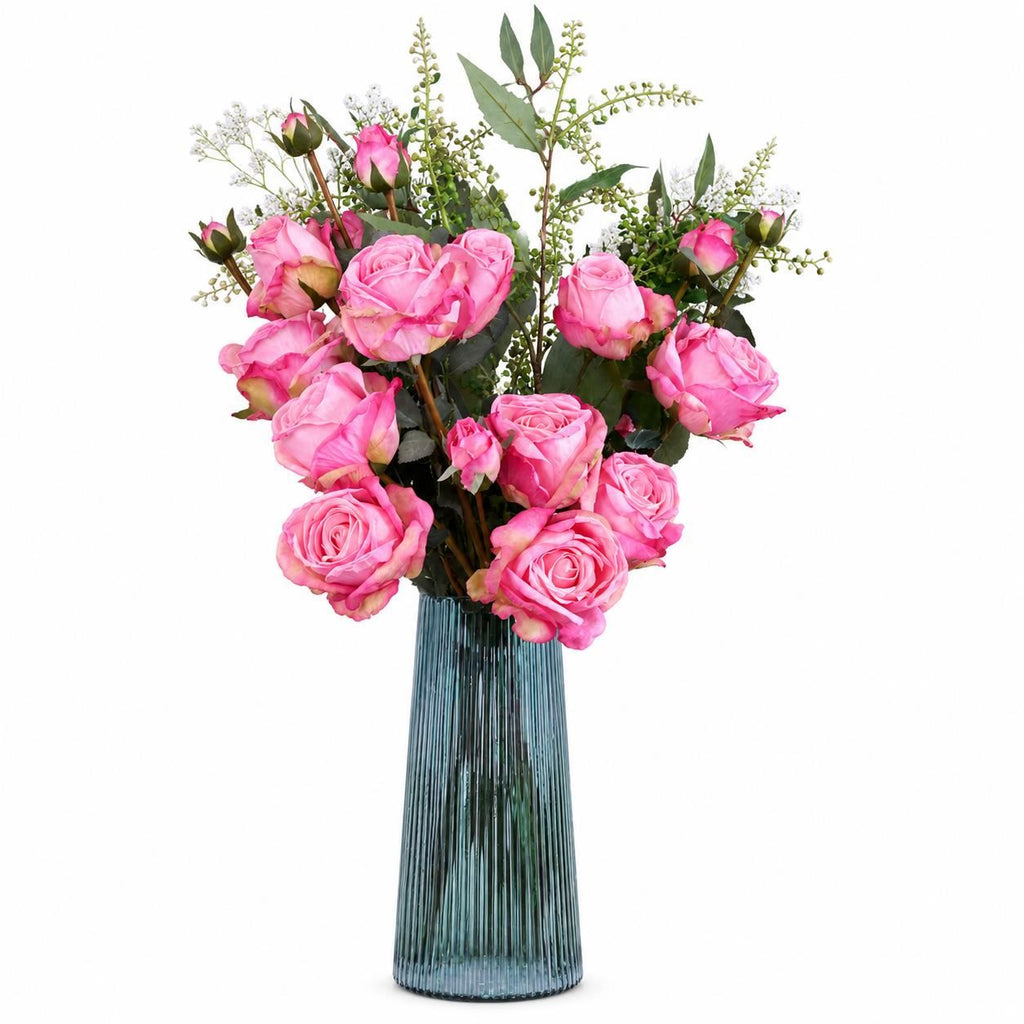 60cm Pink Rose Artificial Flower Display Glass Vase - Premium Quality