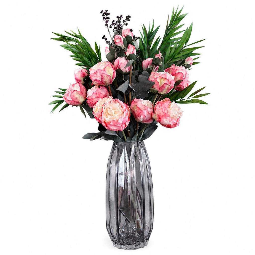 85cm Geometric Glass Vase Pink Peony and Berry Artificial Flowers - Premium Quality
