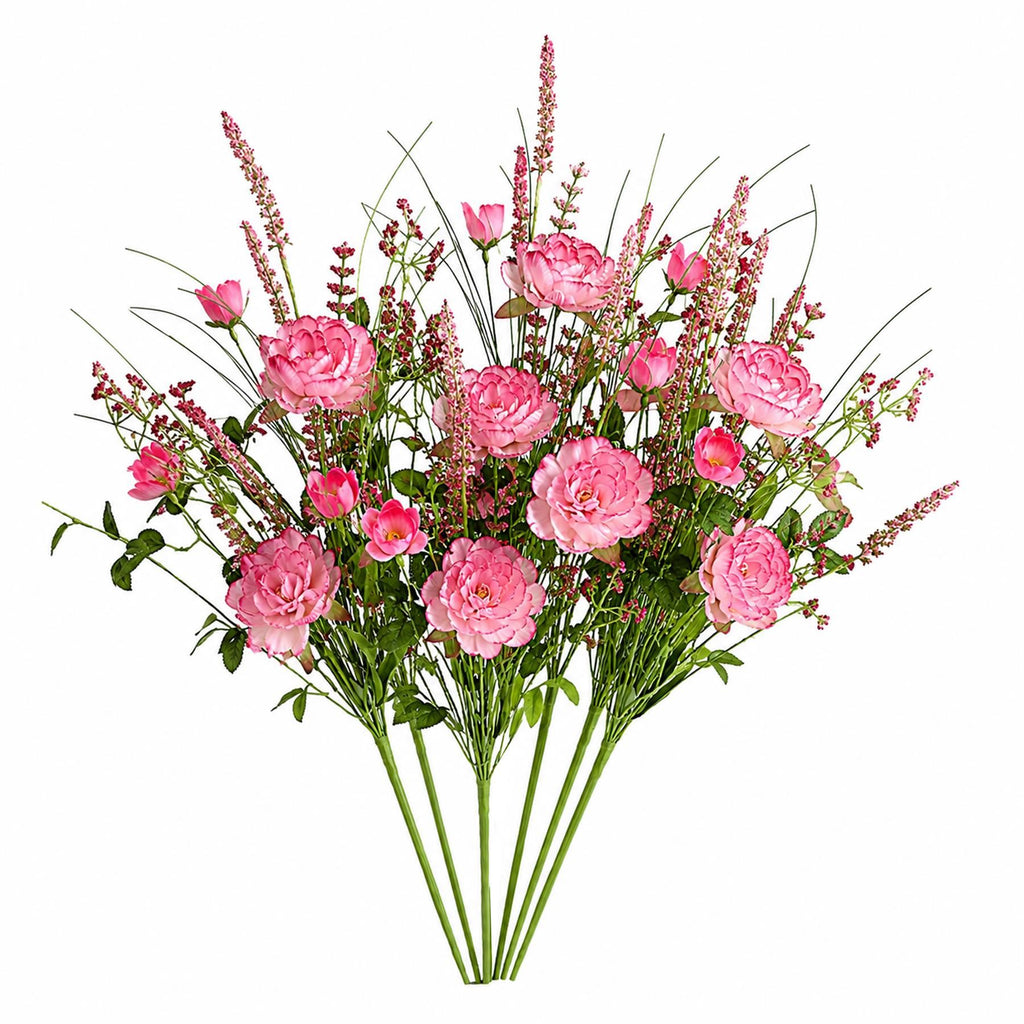Faux Pink Peony and Wildflower Bunches, 52cm Ready-Made Bouquets - Set of 6