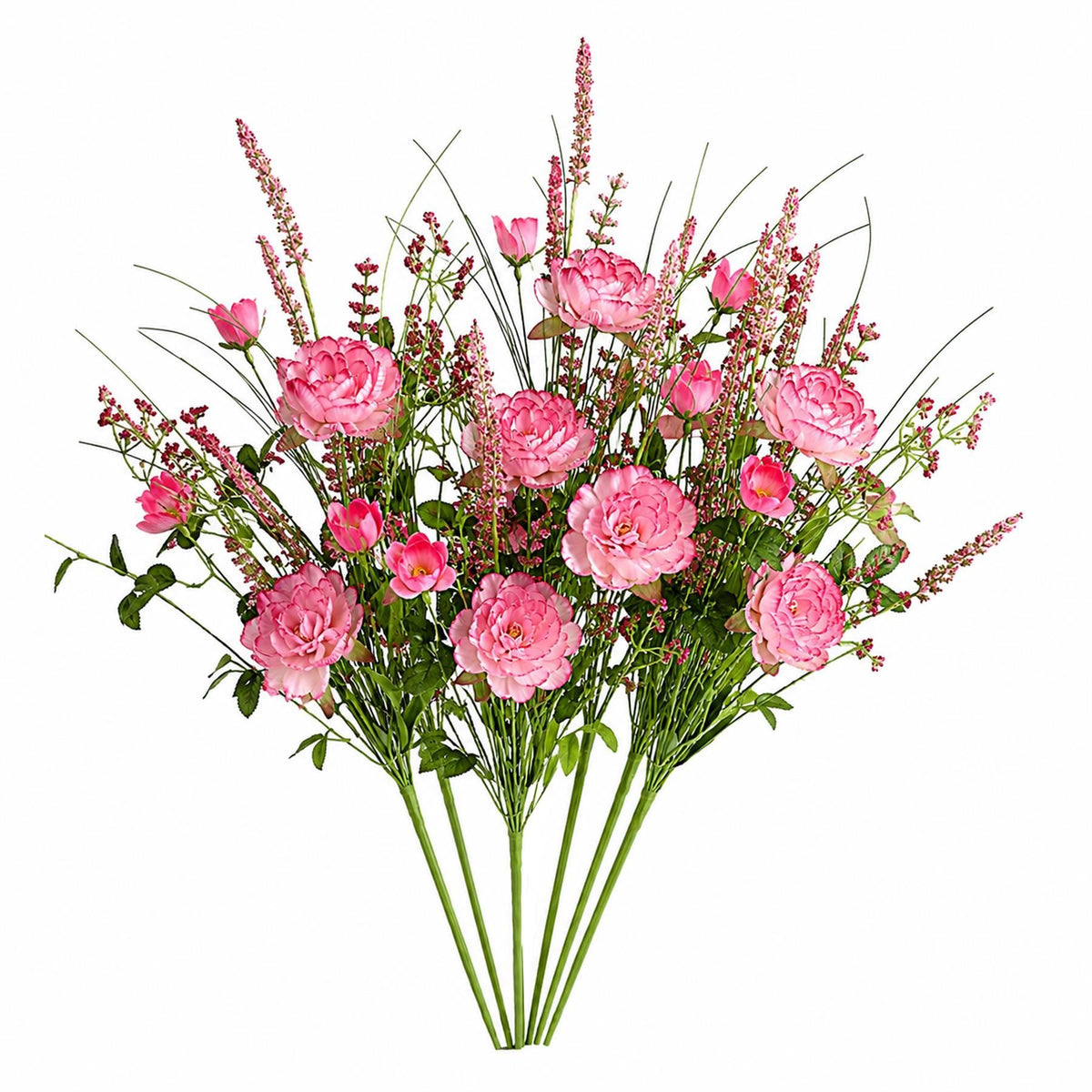 Faux Pink Peony and Wildflower Bunches, 52cm Ready-Made Bouquets - Set of 6