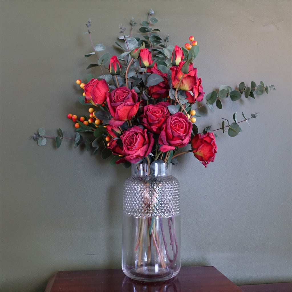 60cm Artificial Red Rose and Eucalyptus Glass Diamond Vase - Premium Quality
