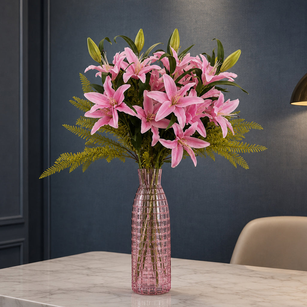 100cm Pink Lily and Fern Display Glass Vase - Premium Quality