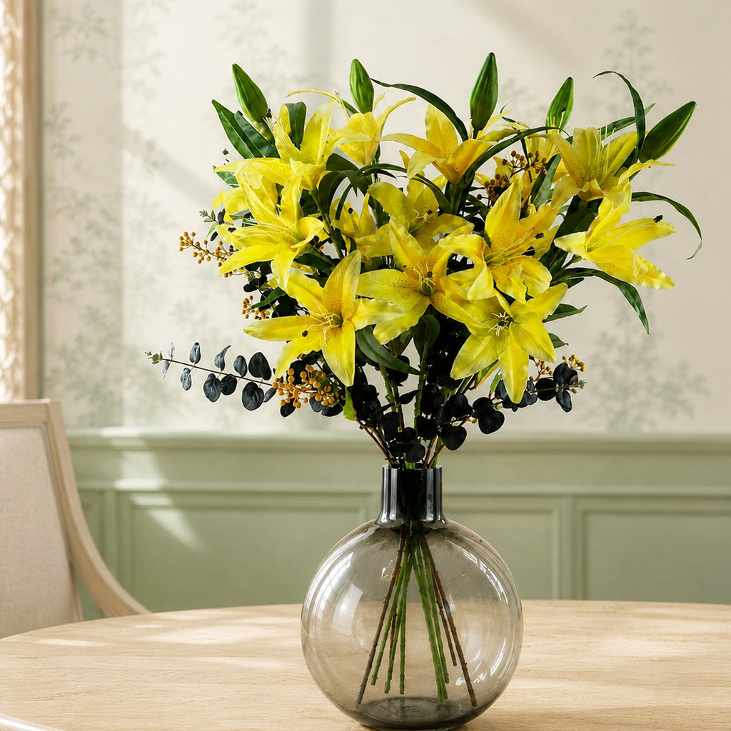 100cm Yellow Lily Black Eucalyptus Glass Ball Vase - Premium Quality