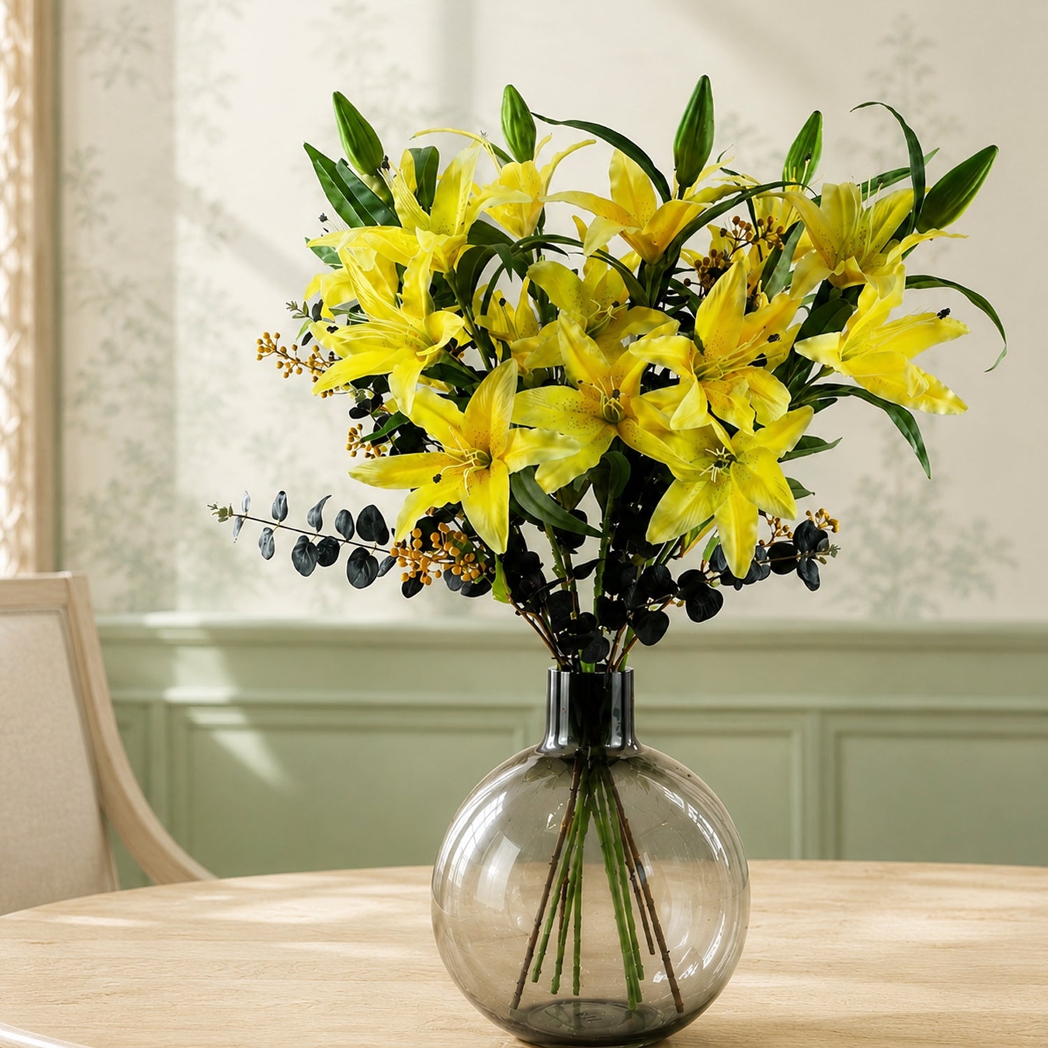 100cm Yellow Lily Black Eucalyptus Glass Ball Vase - Premium Quality