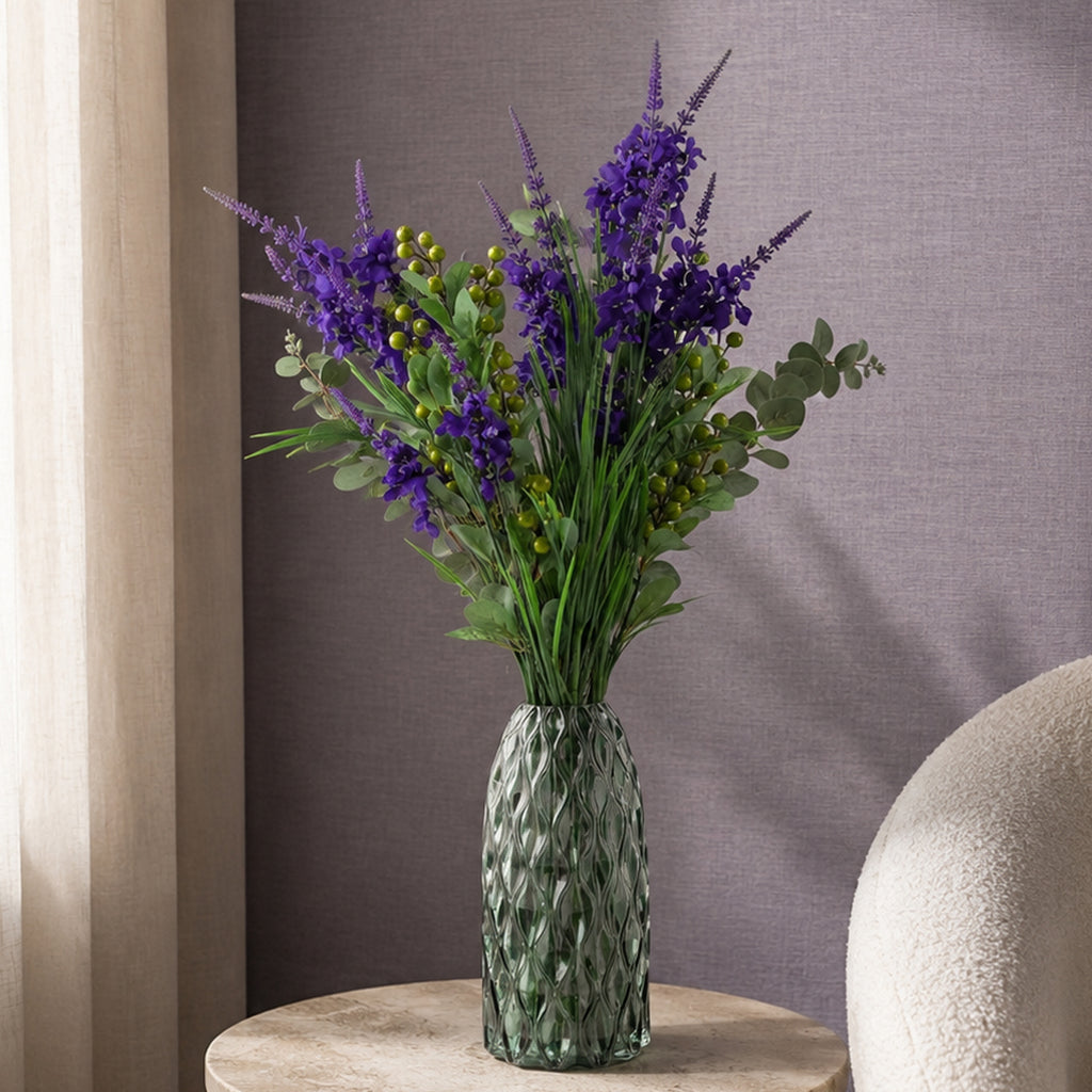 80cm Purple Larkspur and Berries Glass Vase - Premium Quality