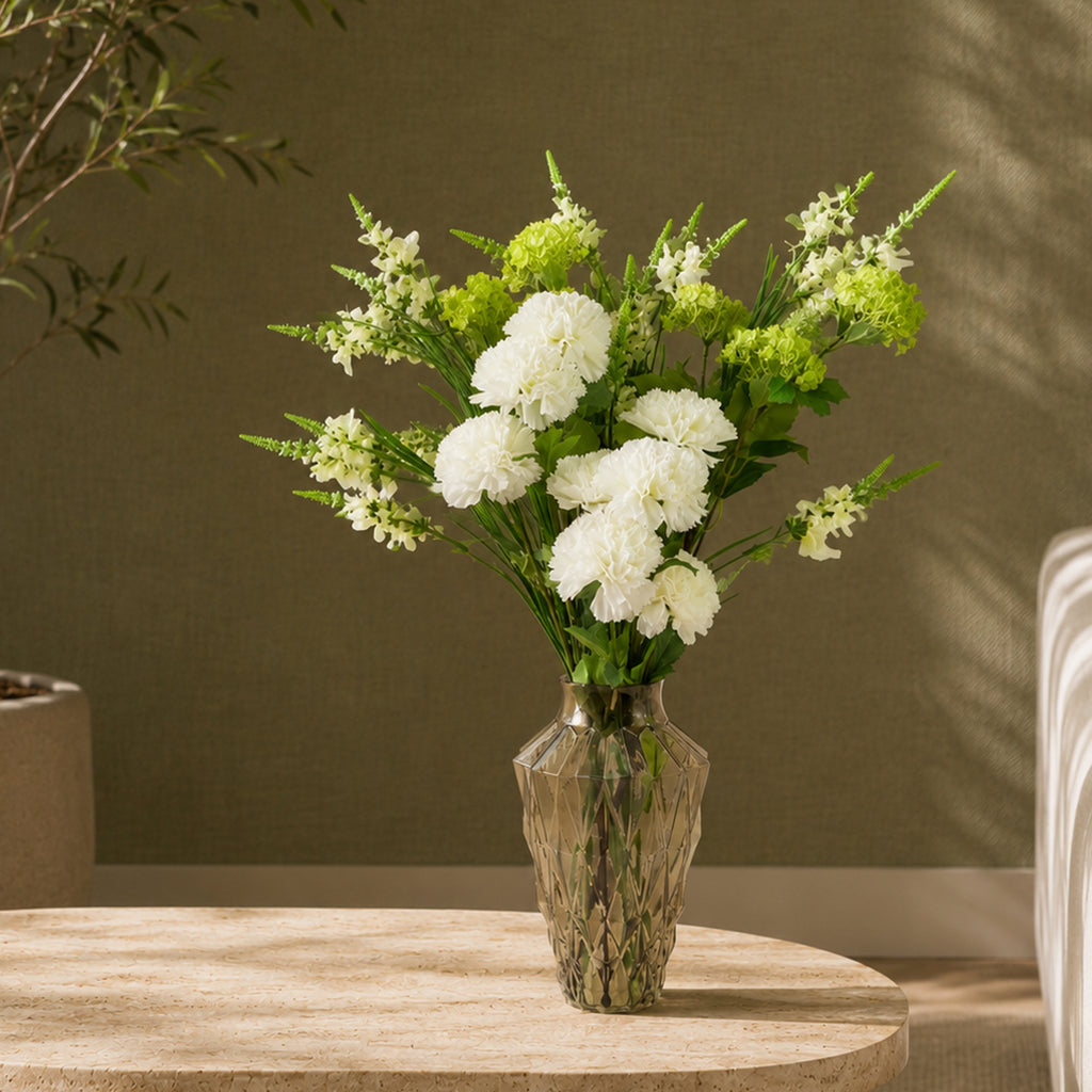 80cm White Artificial Carnation and Larkspur in Glass Vase - Premium Quality