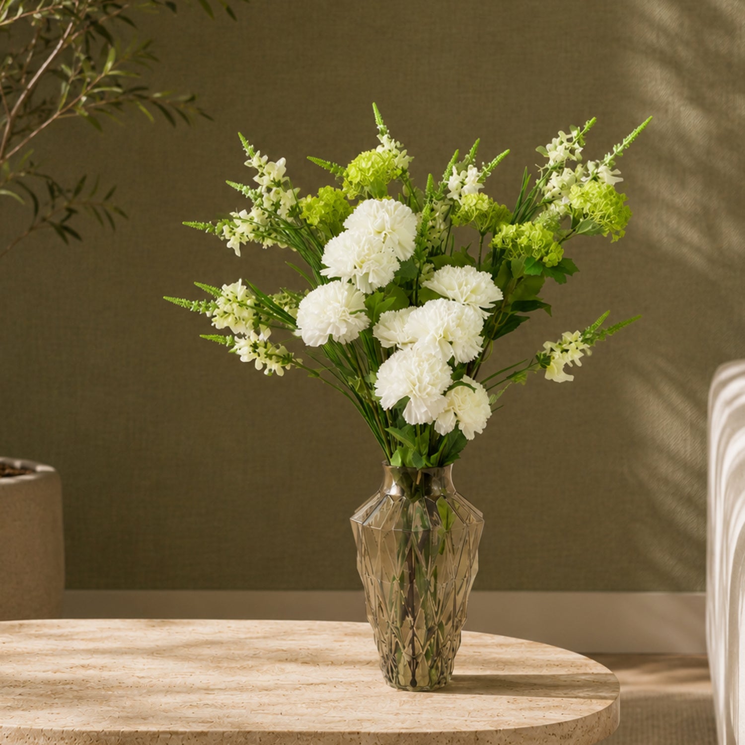 80cm White Artificial Carnation and Larkspur in Glass Vase - Premium Quality
