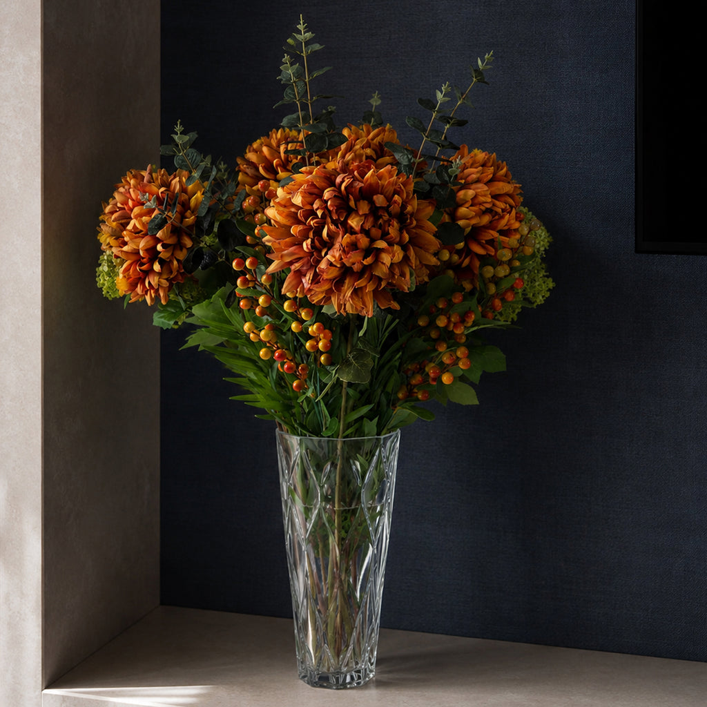 80cm Orange Chrysanthemum Foliage and Glass Vase - Premium Quality