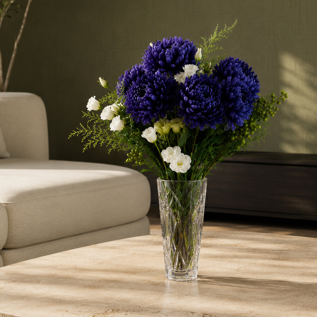 90cm Purple Chrysanthemum and Ferns Glass Vase - Premium Quality