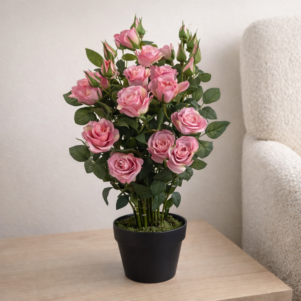 60cm Premium Rose Bush Pink Silk Flowers and Leaves