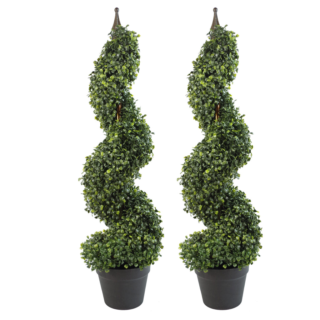 90cm (3ft) Tall Artificial Boxwood Tower Tree Topiary Spiral Metal Top