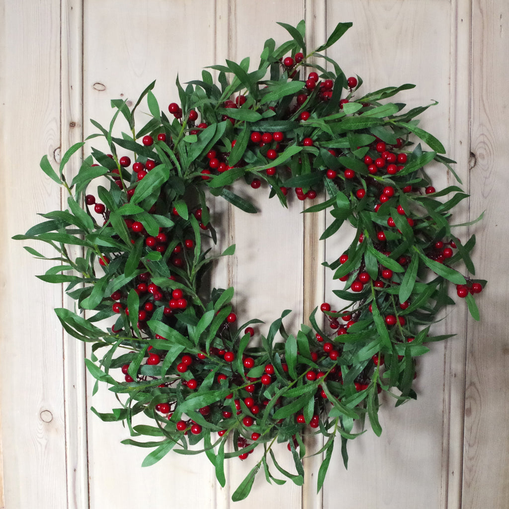60cm (24") Large Luxury Artificial Christmas Mistletoe Leaf and Red Berry Floristry Wreath