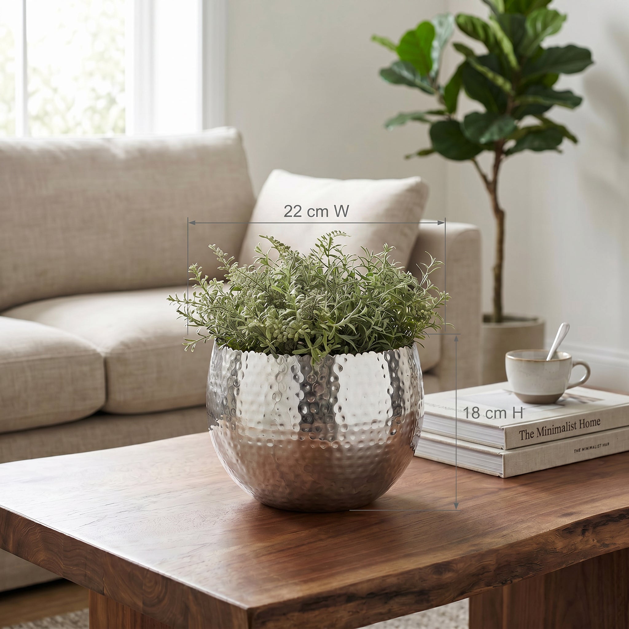 Large Metal Planter 22 x 17cm Hammered Silver Colour Curvy Edge