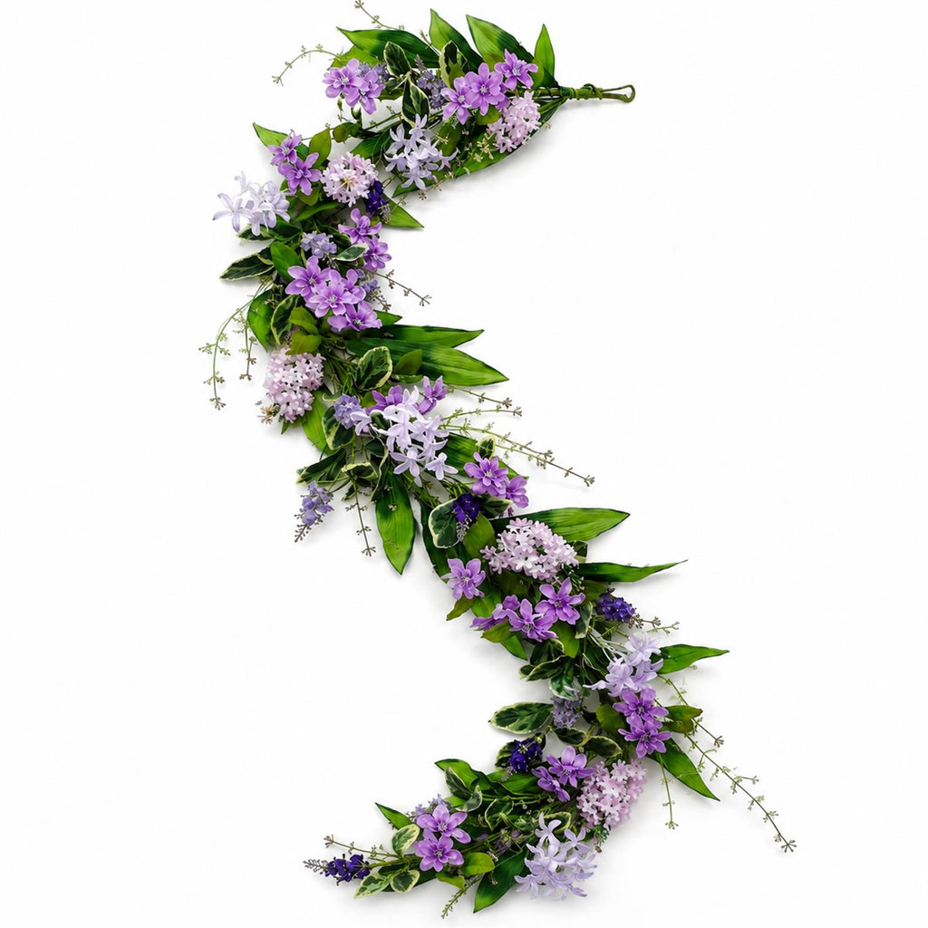 Long Lilac and Purple Faux Flower Garland, 185cm Floral Vine with Variegated Leaves