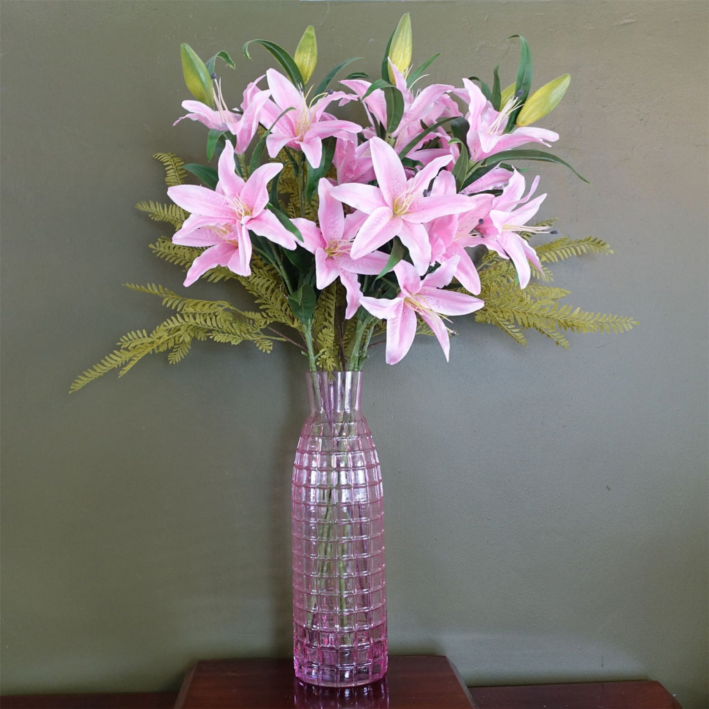 100cm Artificial Pink Lily and Fern Display Glass Vase - Premium Quality