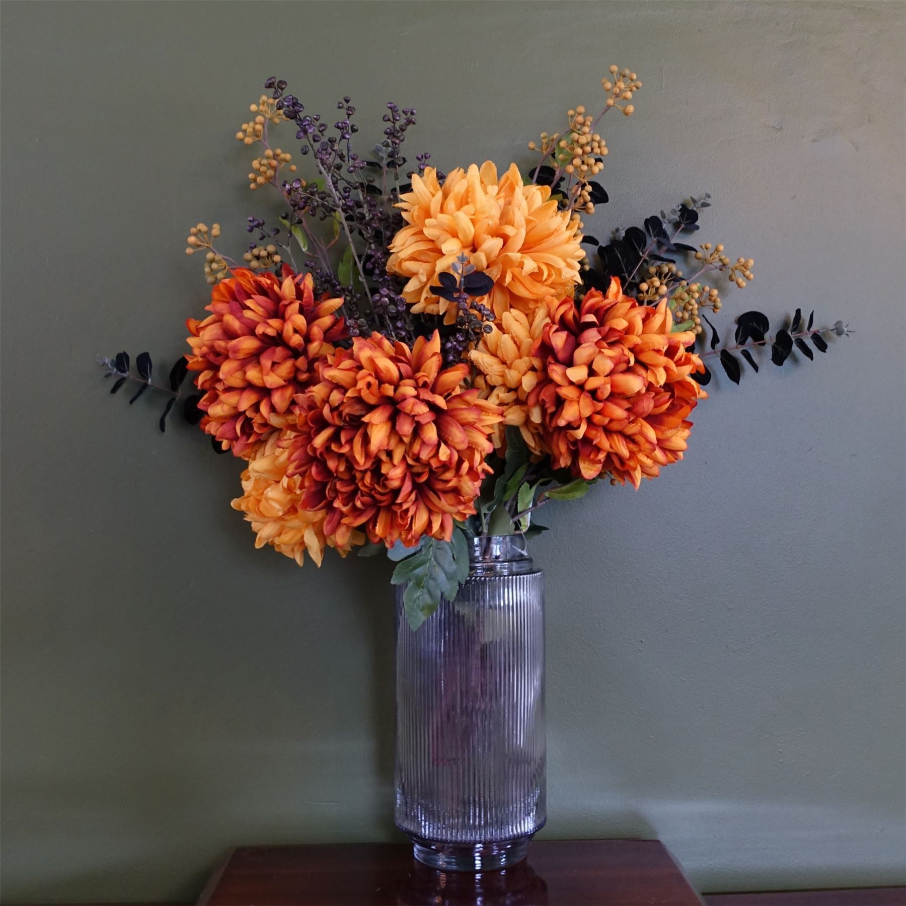 65cm Artificial Orange and Black Flower Arrangement Glass Vase - Premium Quality