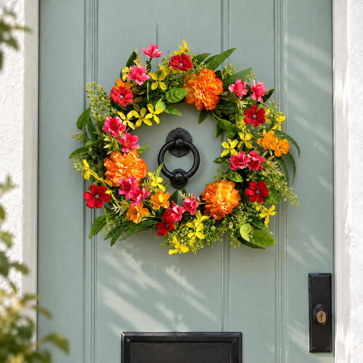 Bright Spring Faux Flower Door Wreath, 50cm with Marigolds