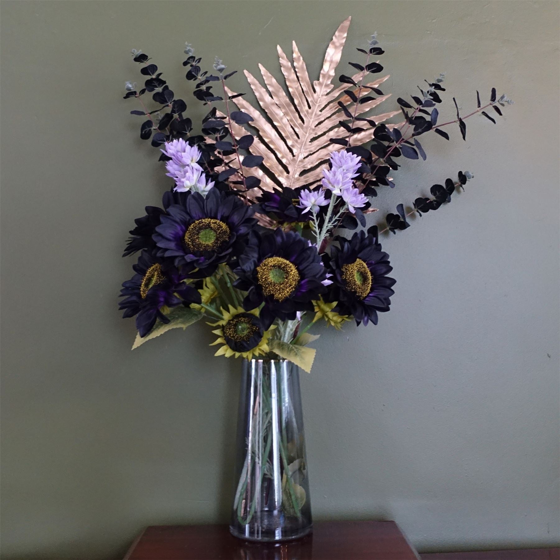 80cm Artificial Purple Sunflower and Gold Botanik Display Glass Vase - Premium Quality
