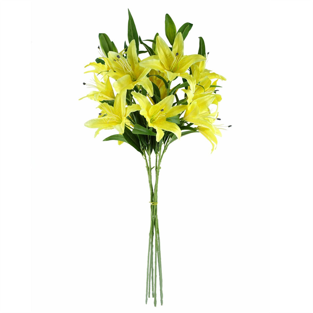 Artificial Pack of 6 x 100cm Large Yellow Lily Stem - 18 Flowers - Premium Quality