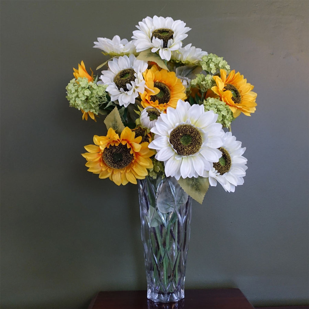 80cm Artificial White and Yellow Sunflower Mix Glass Vase - Premium Quality