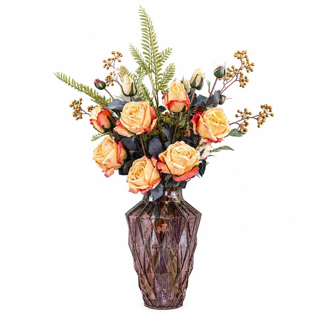 65cm Artificial Yellow Rose Display Geometric Glass Vase - Premium Quality