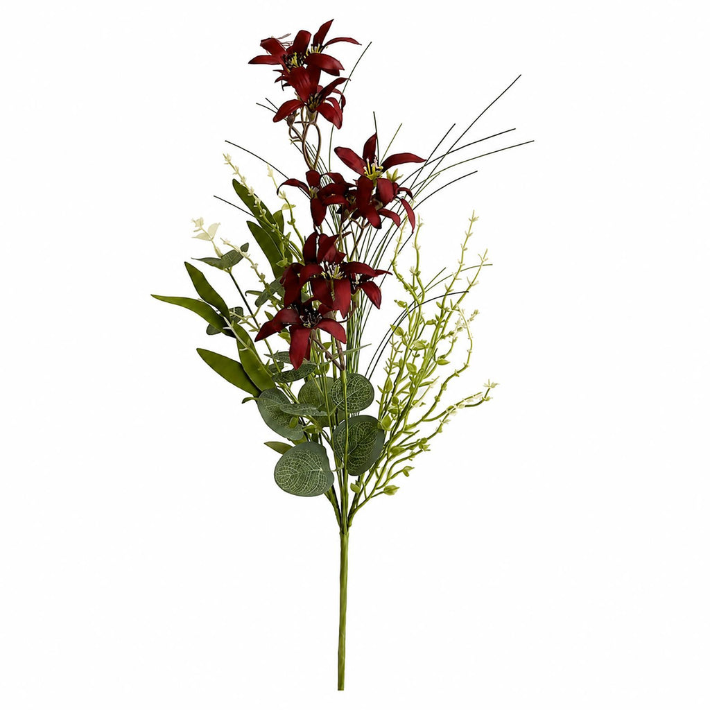 Burgundy Faux Lily Wildflower Bunches, 50cm Mixed Bouquets - Set of 6