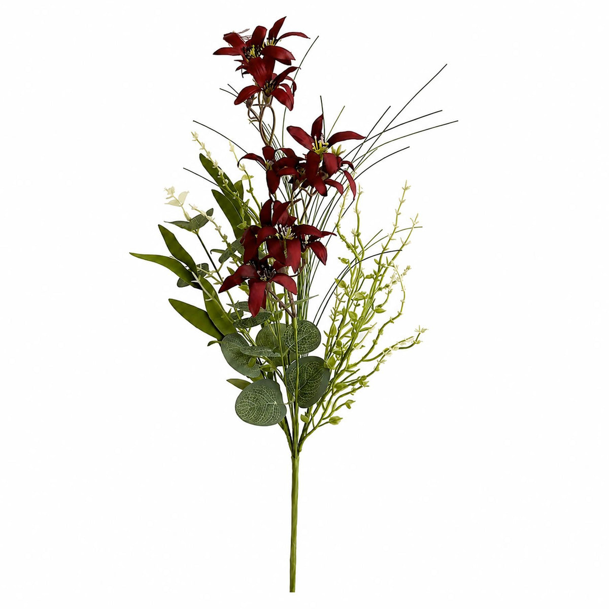 Burgundy Faux Lily Wildflower Bunches, 50cm Mixed Bouquets - Set of 6