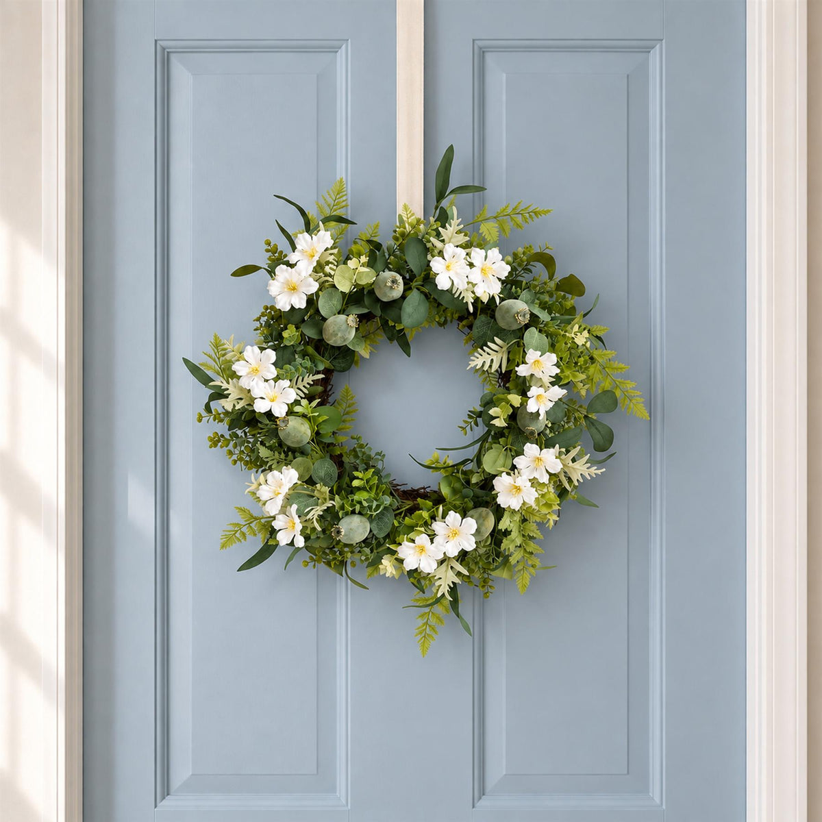 White Faux Spring Flower Door Wreath, 50cm with Eucalyptus Buds
