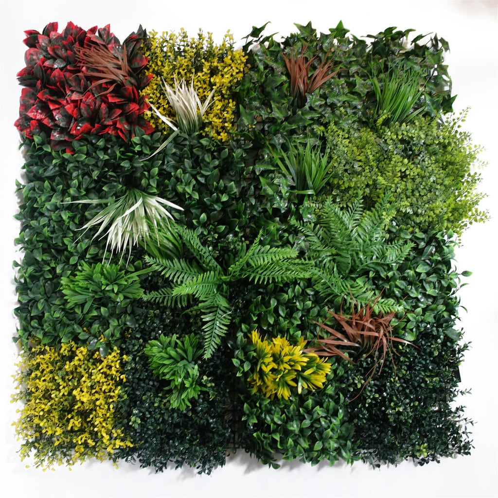 100cm Artificial Tropical Mixed Foliage Green Wall Panel with Red and Yellow Floral Detail - Premium Quality