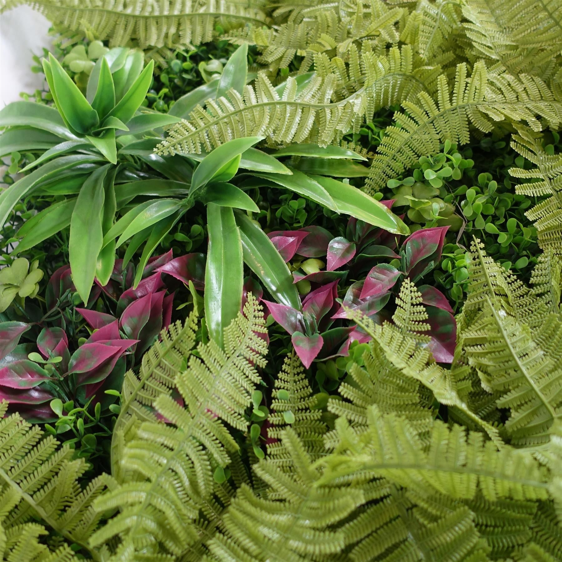 100cm Artificial Fern & Mixed Foliage Green Wall Panel with Burgundy and Grass Accents - Premium Quality