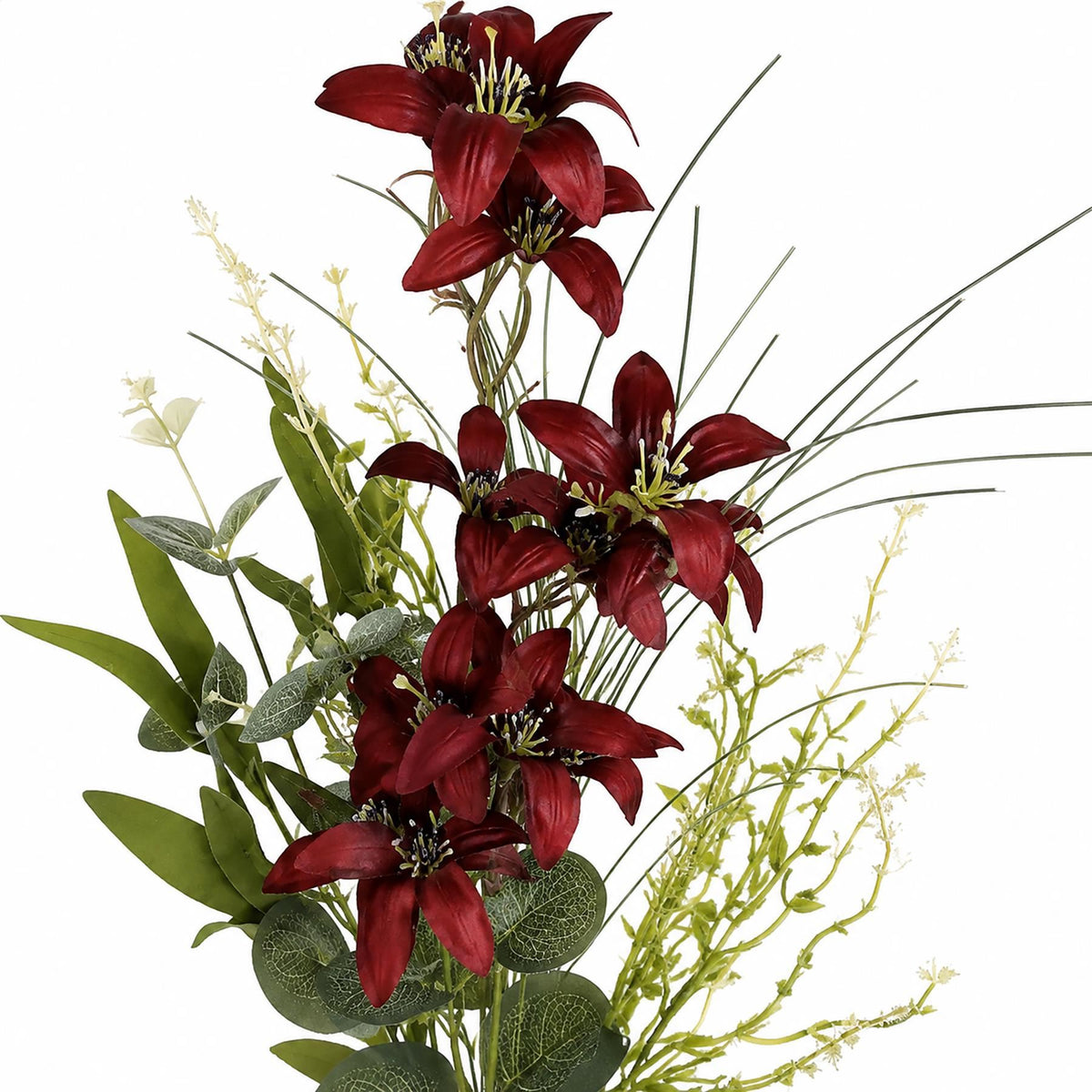 Burgundy Faux Lily Wildflower Bunches, 50cm Mixed Bouquets - Set of 6