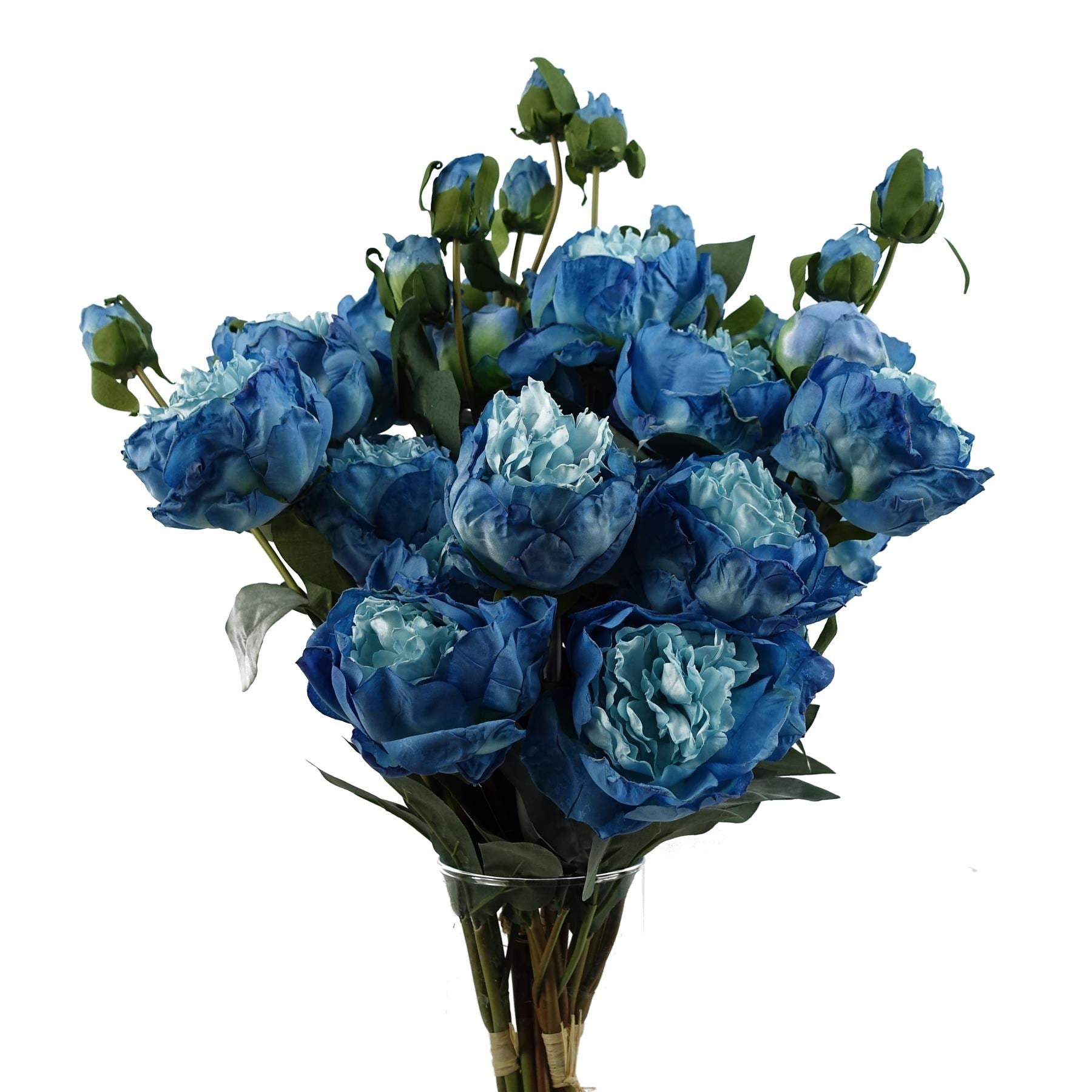 6 x 55cm Blue Peony Artificial Flower Stems - 24 flowers 18 buds - Premium Quality