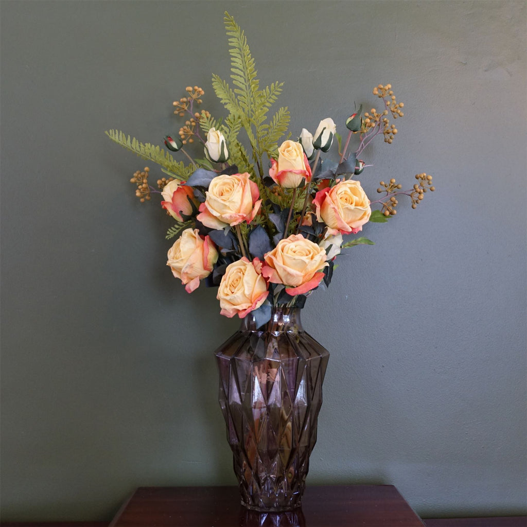 65cm Artificial Yellow Rose Display Geometric Glass Vase - Premium Quality