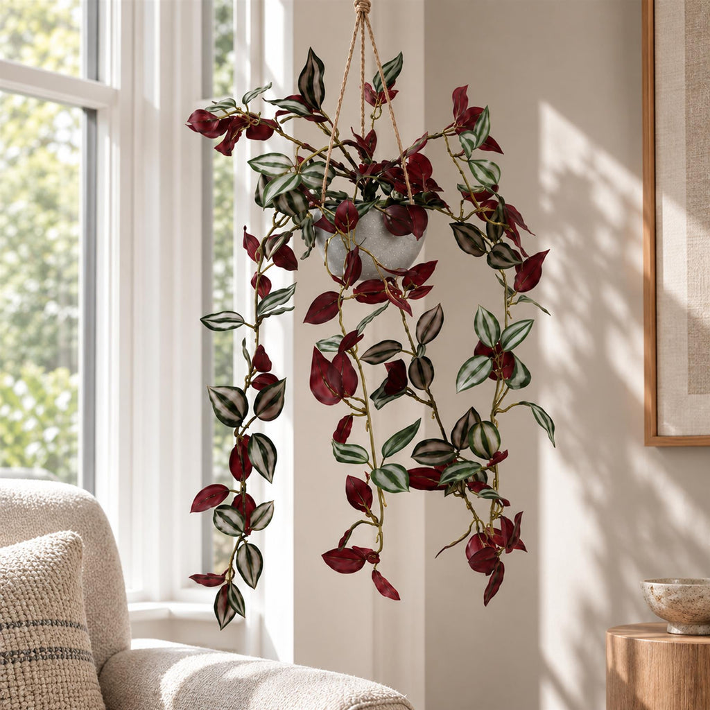 Faux Tradescantia Hanging Plant, 70cm Trailing in Grey Pot with Hanger