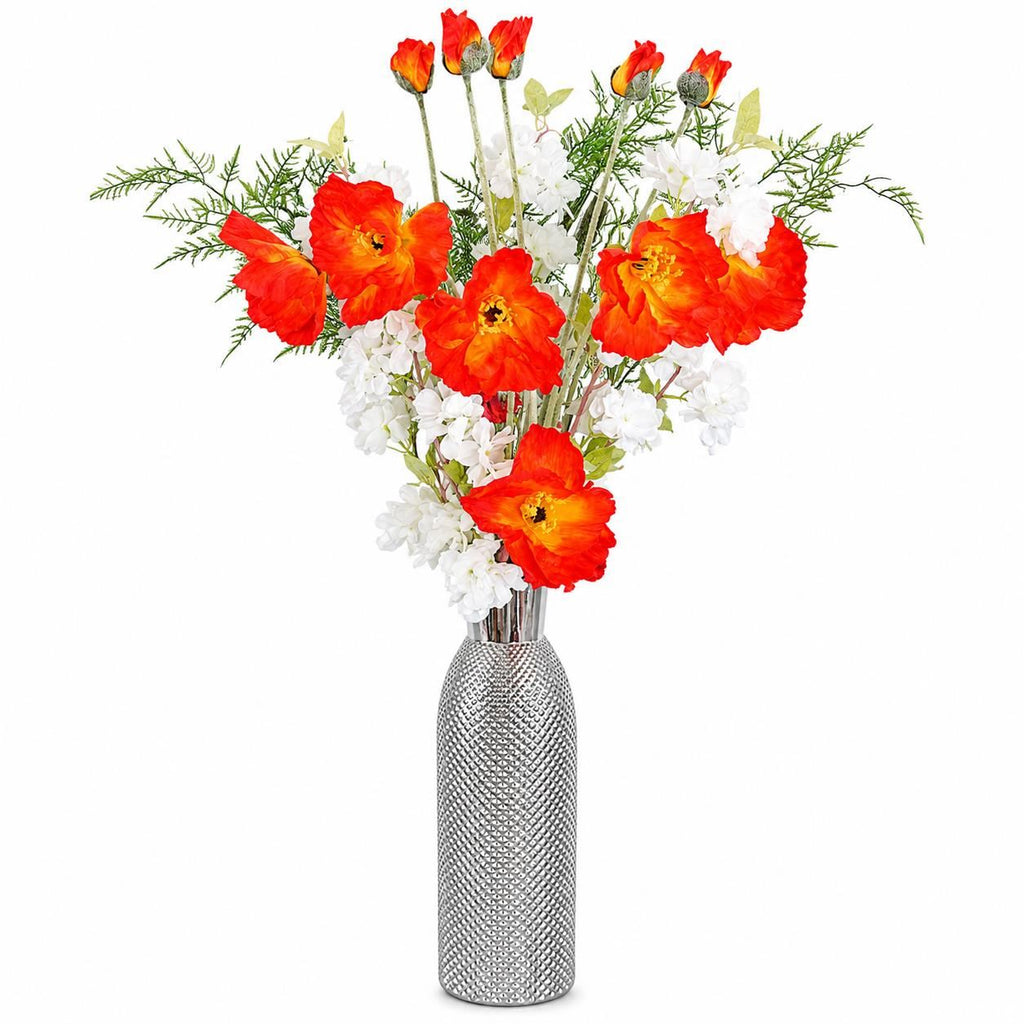 100cm Artificial Poppy and White Blossom Arrangement Glass Vase - Premium Quality