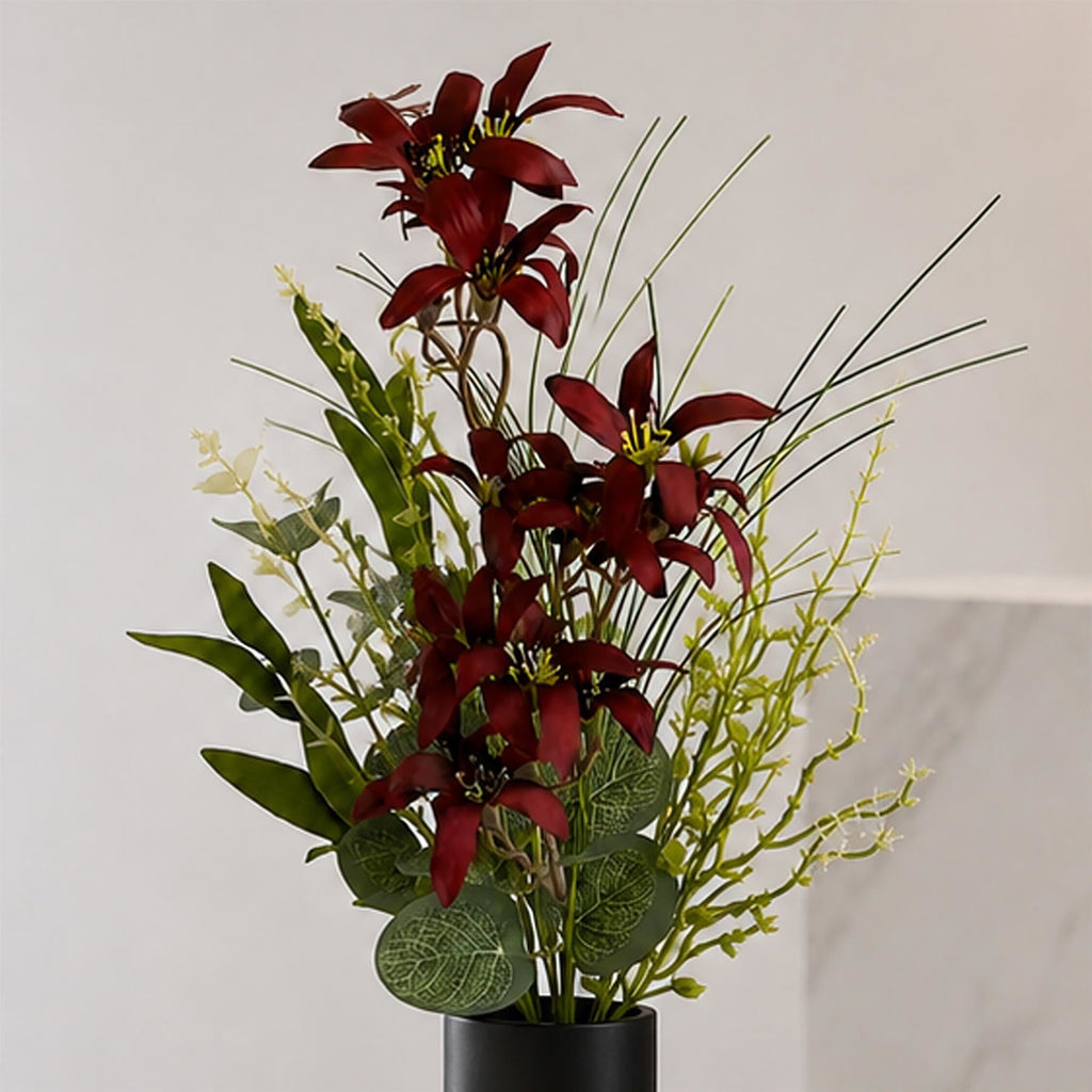 Burgundy Faux Lily Wildflower Bunches, 50cm Mixed Bouquets - Set of 6