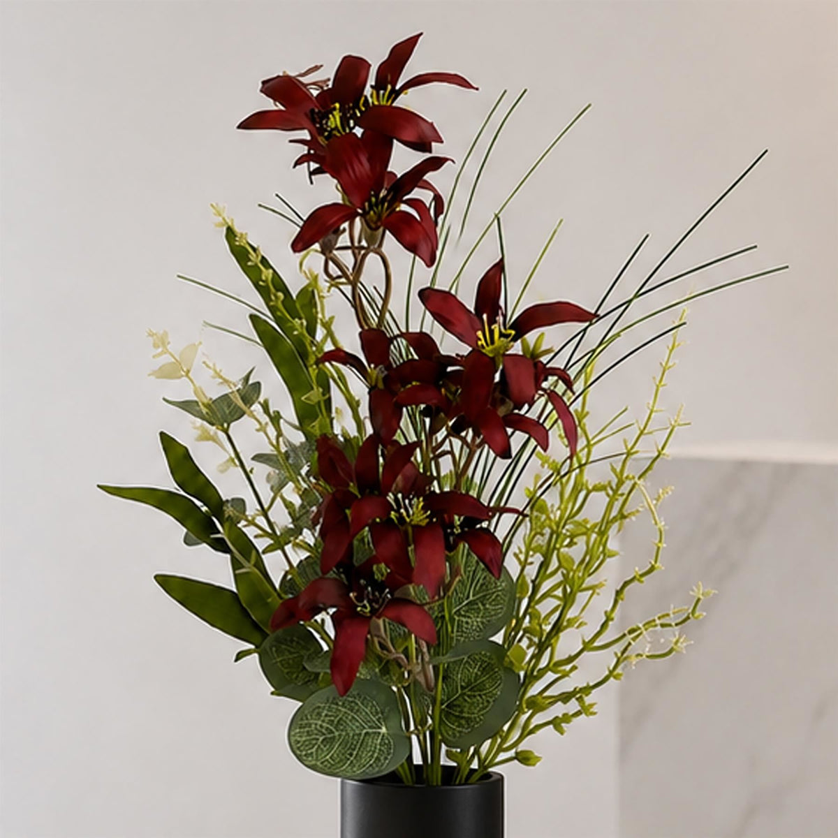 Burgundy Faux Lily Wildflower Bunches, 50cm Mixed Bouquets - Set of 6