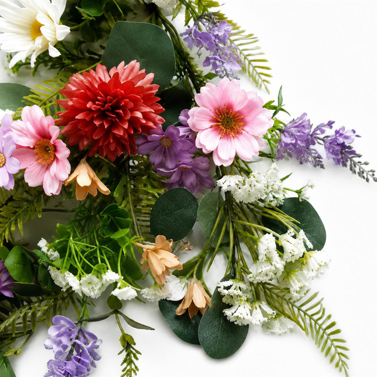 Pink Meadow Wildflower Faux Garland, 155cm with Daisies and Eucalyptus Leaves