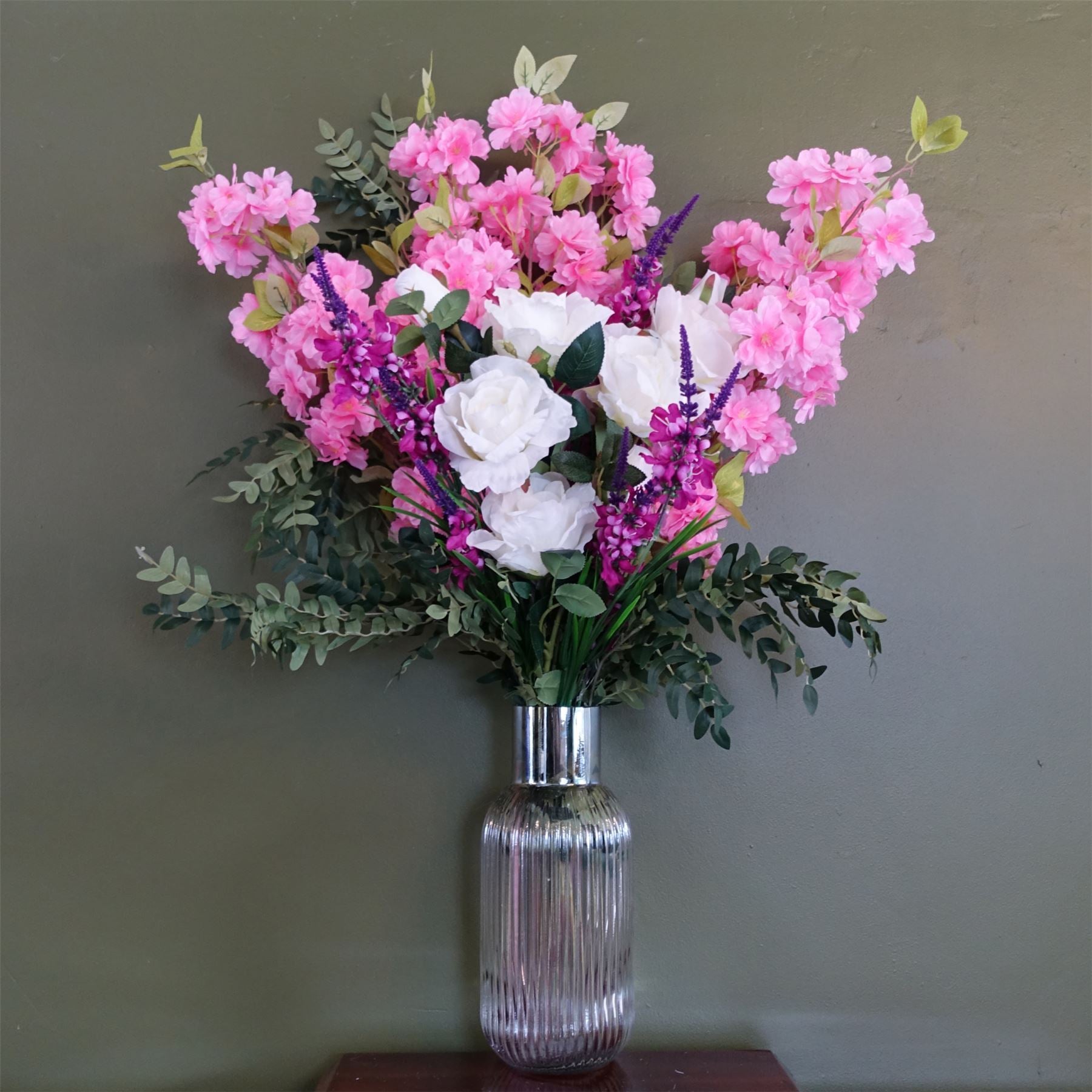 100cm Artificial Pink Blossom White Rose Arrangement Glass Vase - Premium Quality