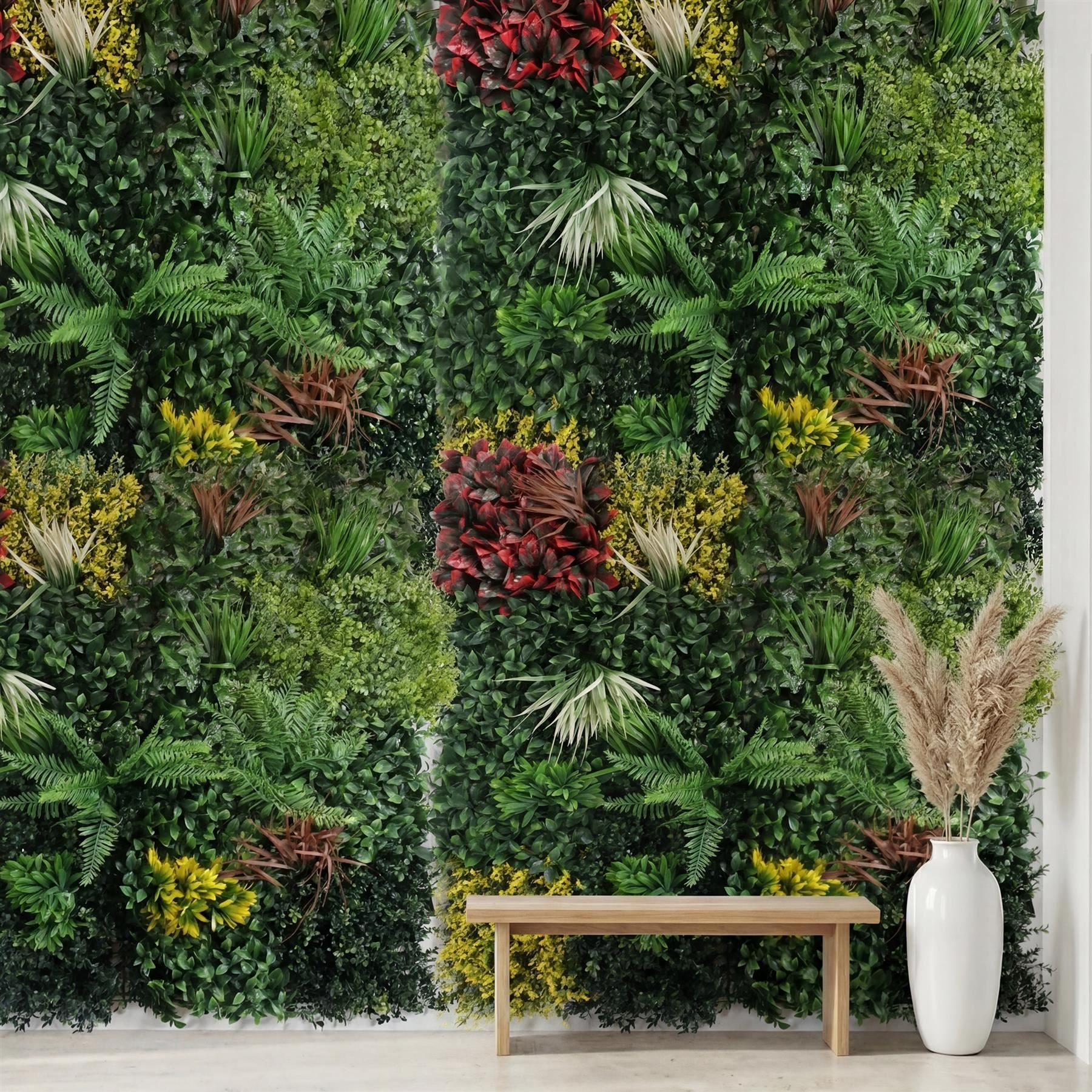 100cm Artificial Tropical Mixed Foliage Green Wall Panel with Red and Yellow Floral Detail - Premium Quality
